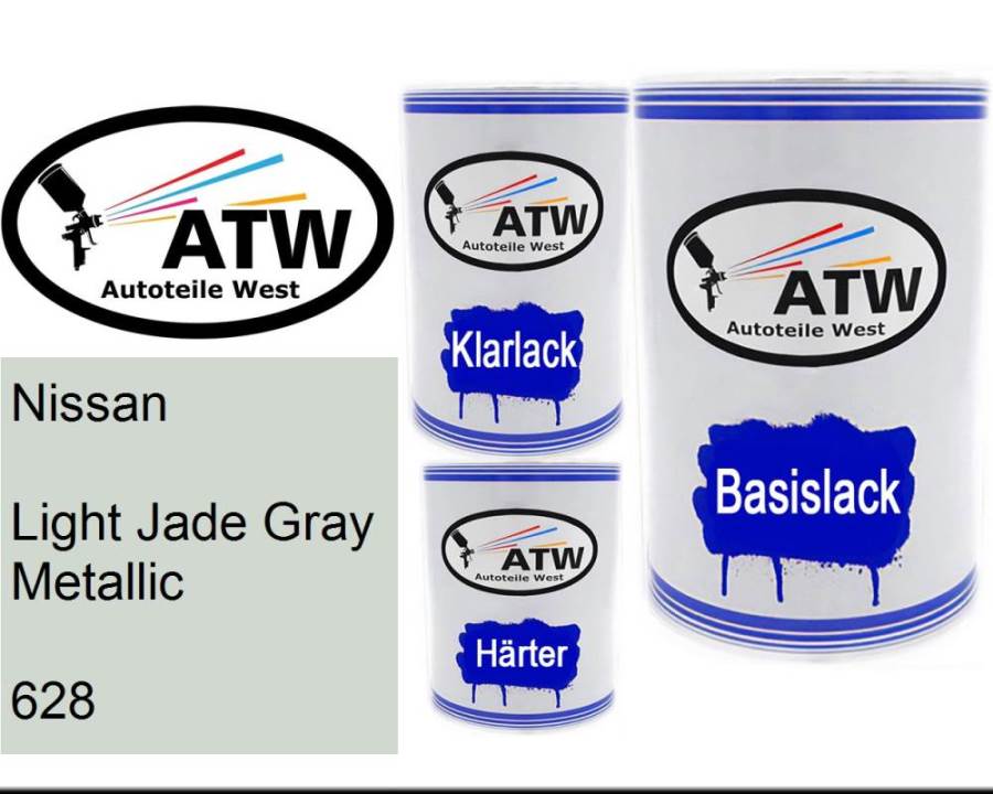 Nissan, Light Jade Gray Metallic, 628: 500ml Lackdose + 500ml Klarlack + 250ml Härter - Set, von ATW Autoteile West.